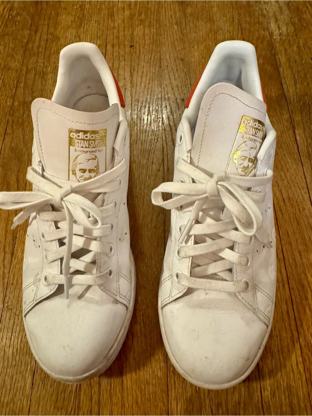 Adidas Stan Smith White Sneakers with Red Heel Accent
